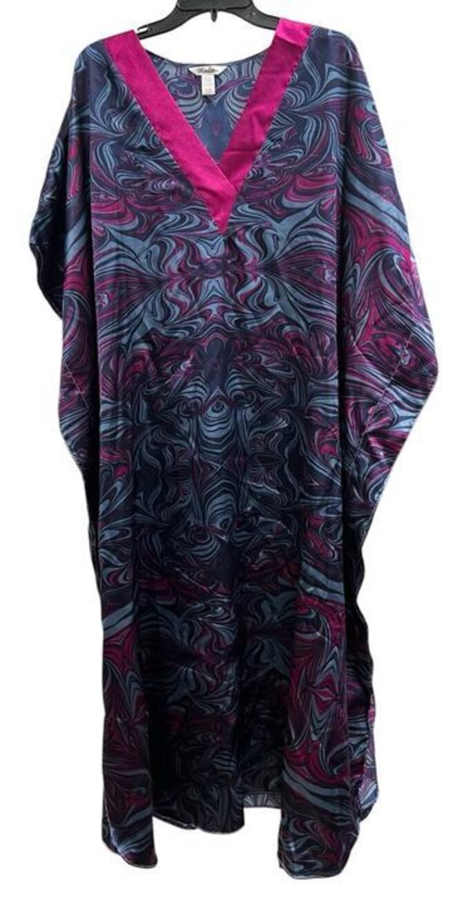 Winlar Jessica long caftan swirl print fuchsia Pink purple blue satin sz OSFM